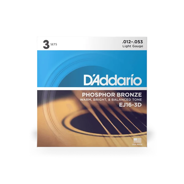 DAddario EJ16-3D 12-53 Phosphor Bronze Light Acoustic Guitar Strings 3 PACK