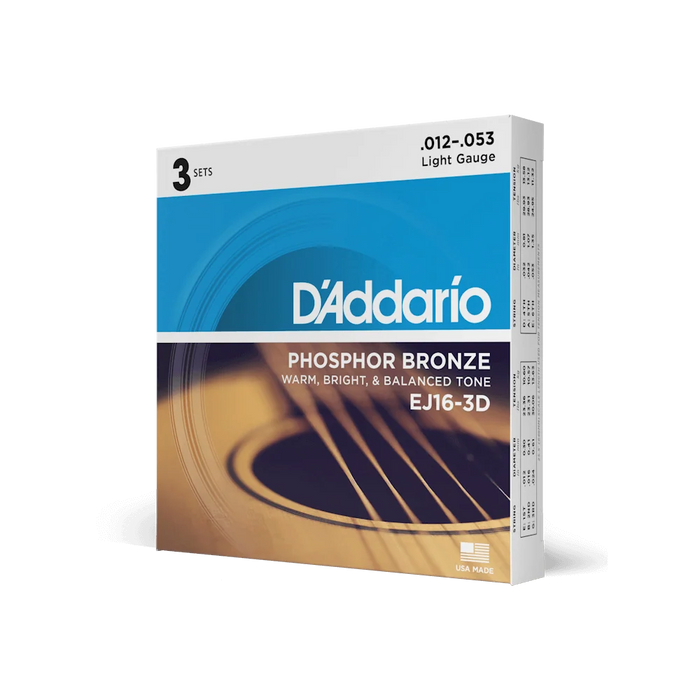 DAddario EJ16-3D 12-53 Phosphor Bronze Light Acoustic Guitar Strings 3 PACK