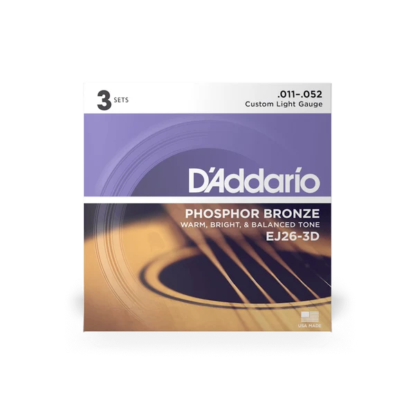 DAddario EJ26-3D 11-52 Phosphor Bronze Custom Light Acoustic Guitar Strings 3 PACK