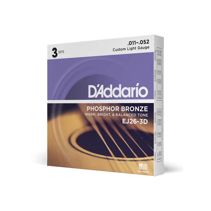 DAddario EJ26-3D 11-52 Phosphor Bronze Custom Light Acoustic Guitar Strings 3 PACK