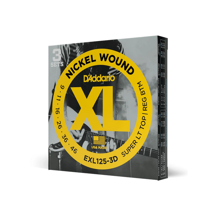 DAddario EXL125-3D 09-46 Nickel Wound Super Light/Reg Electric Guitar Strings 3 PACK