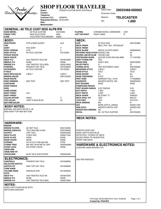 Fender Custom Shop 2020 1960 Telecaster Custom NOS - Aged Lake Placid Blue - Preowned