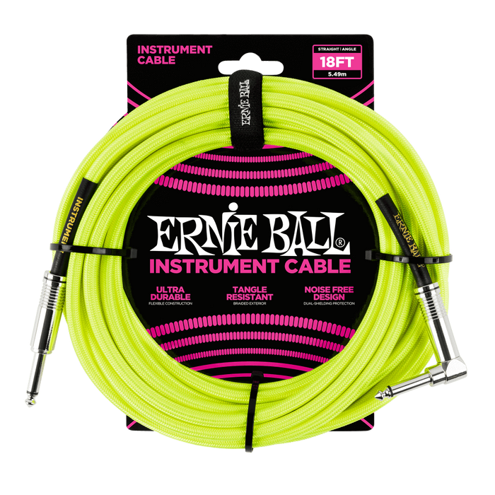 Ernie Ball 18ft Braided Instrument Cable - Straight to Angled - Neon Yellow